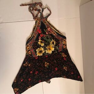 Free People Floral Halter Top - Black and Multicolor